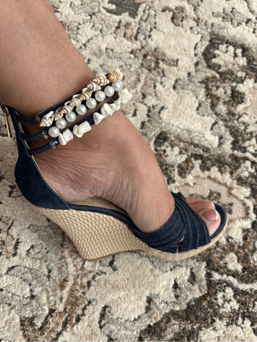 LOVEABLE Bamboo Navy Jean Espadrille Wedge Sandals with Ankle Wrap